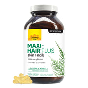 Country Life Maxi-Hair Plus bottle front showing biotin-rich daily supplement for hair health.