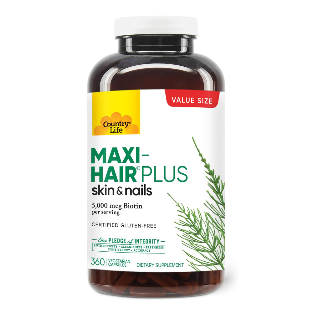Country Life Maxi-Hair Plus bottle front highlighting gluten-free, vegetarian formula for hair and nails support
