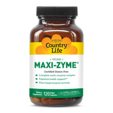 Country Life Maxi-Zyme bottle shows vegan digestive enzyme blend for meals.
