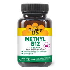 Country Life Methyl B12 lozenges bottle front highlights 120 vegan lozenges