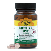 Country Life Methyl B-12 lozenges packaging highlights 3000 mcg for energy support.