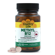 Country Life Methyl B-12 lozenges packaging highlights 3000 mcg for energy support.