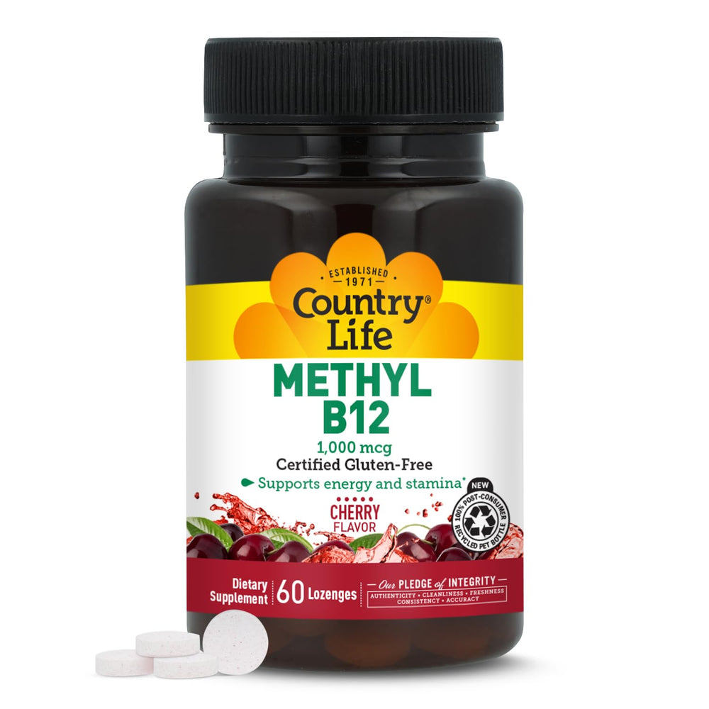 Country Life Metil B12: botella de pastillas para energía diaria.