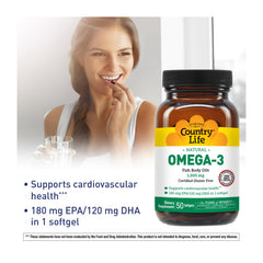 Country Life Omega-3 bottle label highlighting high EPA and DHA content.