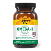 Country Life Omega-3 fish oil softgel, may support heart health and daily wellness.