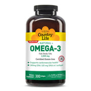 Country Life Omega-3 bottle front with burpless softgel formula for easy daily use