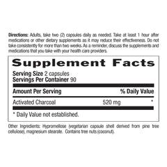 Organic coconut charcoal capsules label reveals natural digestive support.