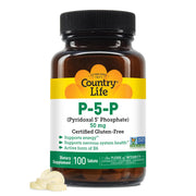 Country Life P-5-P Vitamin B6 bottle label showcasing gluten-free vegan certifications for daily use.