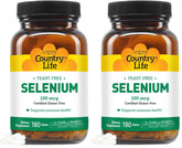Country Life Selenium bottle label highlighting yeast-free and gluten-free attributes.