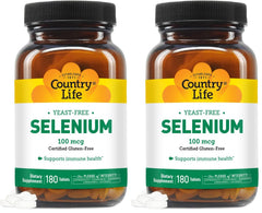 Country Life Selenium bottle label highlighting yeast-free and gluten-free attributes.