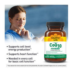 Country Life Simply CoQ10 softgels closeup emphasizes easy-to-swallow capsules.