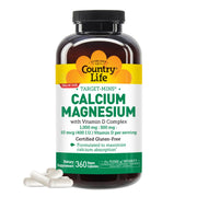 Country Life Target-Mins calcium magnesium vitamin D bottle; vegan gluten-free formula for daily use.