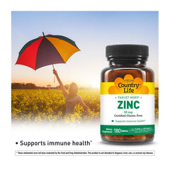 Close-up of Country Life Target-Mins Zinc label showing 50 mg zinc