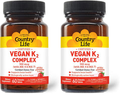 Country Life vegan K2-500 chewables strawberry bottle showcasing packaging and flavor