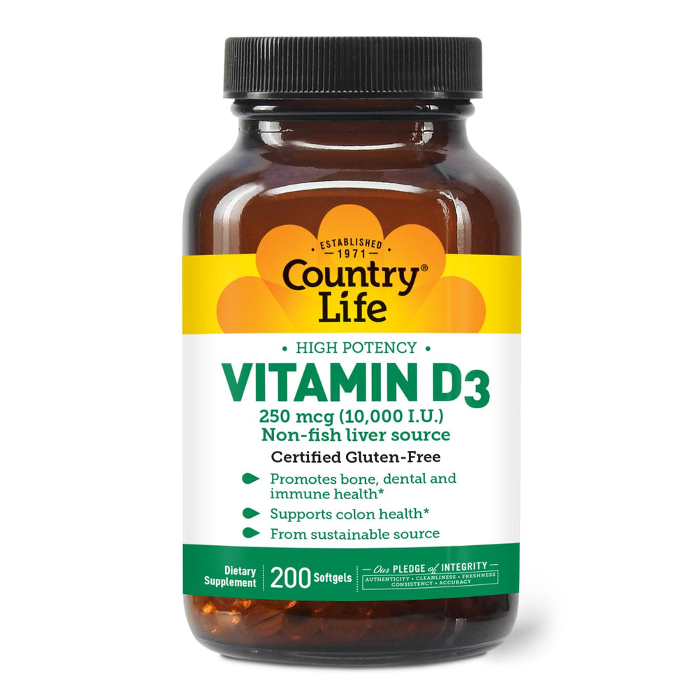 Country Life Vitamin D3 10,000 IU softgels bottle highlights high-potency bone support
