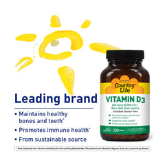 Close-up of Country Life D3 5000 IU capsules for bone support.