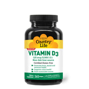 Country Life Vitamin D3 5000 IU softgel bottle supports bone and immune health.