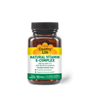 Country Life Vitamin E-Complex bottle top shows natural tocopherols for antioxidant protection