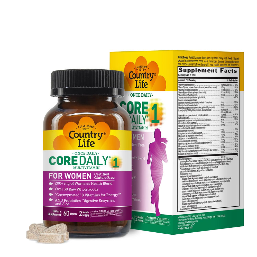 Country Life Women's Core 1 daily multivitamin bottle with full-spectrum nutrients for daily energy.