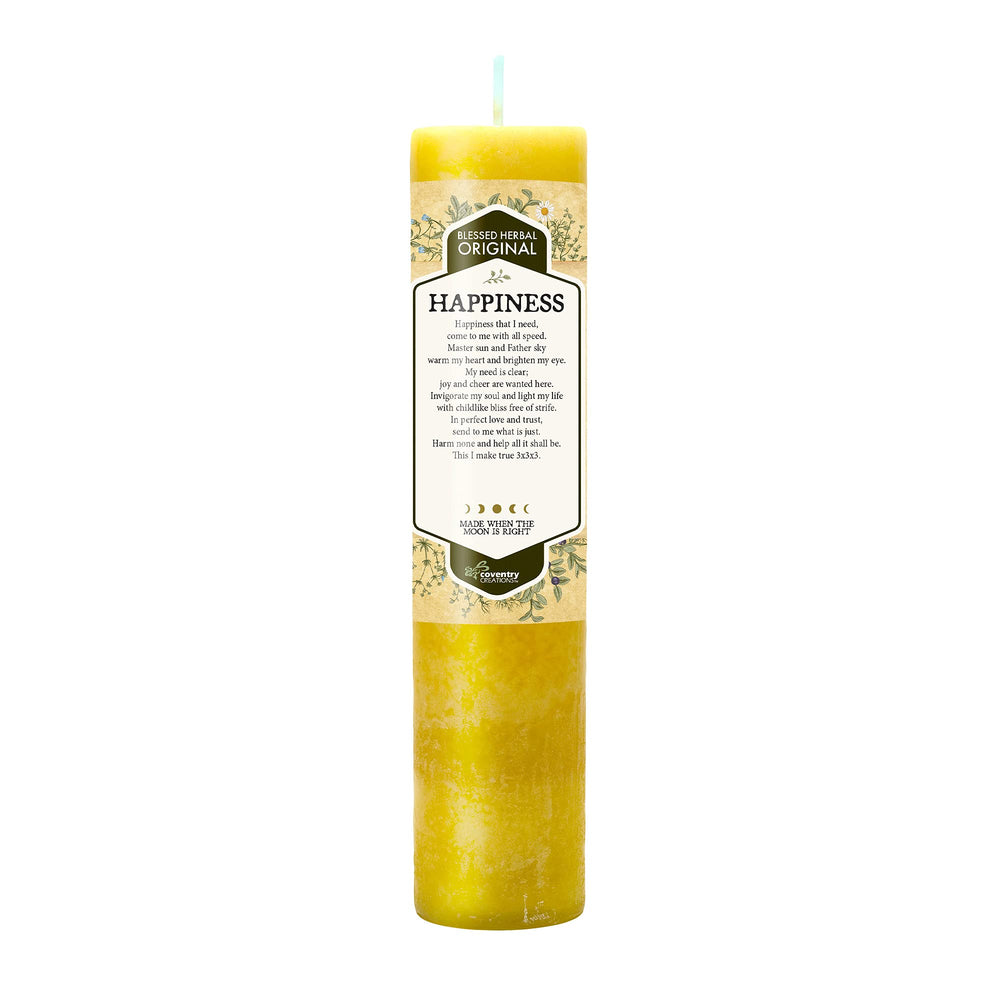 Coventry Creations Blessed Herbal Happiness Candle label close-up supports mindful rituals.