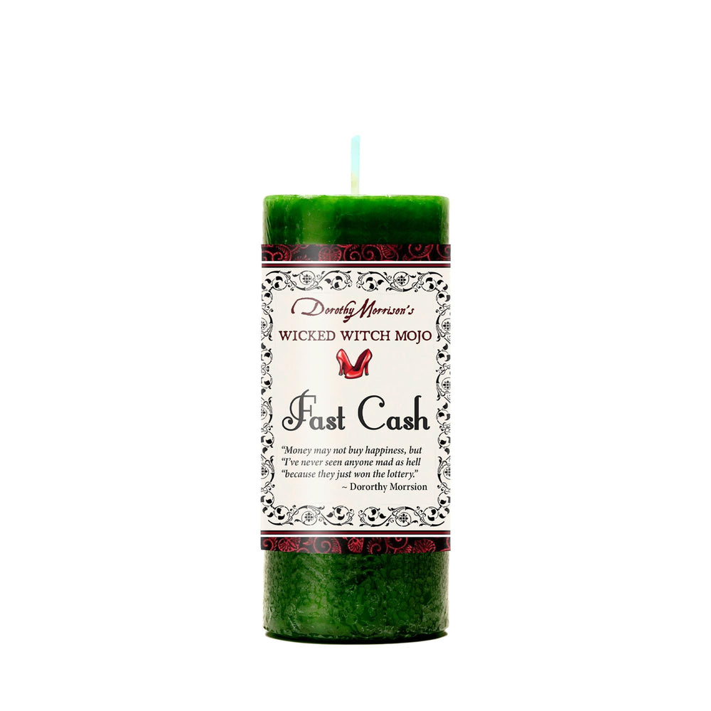 Coventry Creations Fast Cash Wicked Witch Candle green close-up for focused ambiance with cedarwood honeysuckle