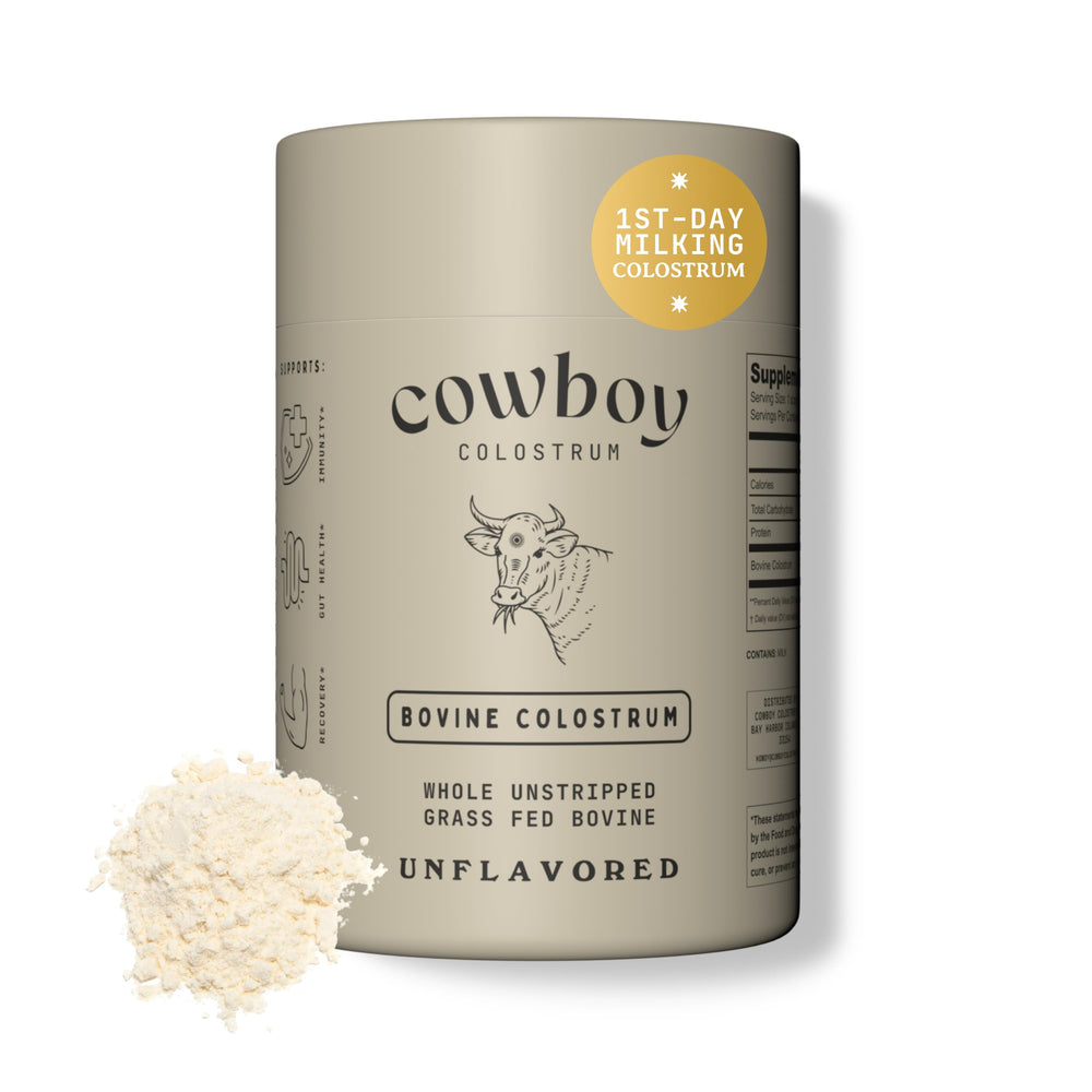 Cowboy Colostrum powder first day milking hero with potent bioactives for gut support.