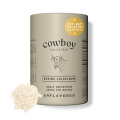 Cowboy Colostrum powder first day milking hero with potent bioactives for gut support.