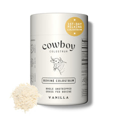 Cowboy Colostrum Powder vanilla jar close-up for daily wellness rituals