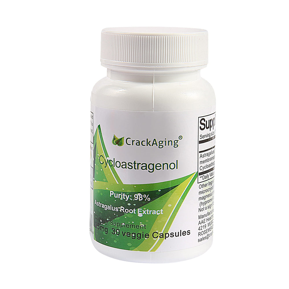 Crackaging Cycloastragenol bottle-front showing purity and trusted quality.