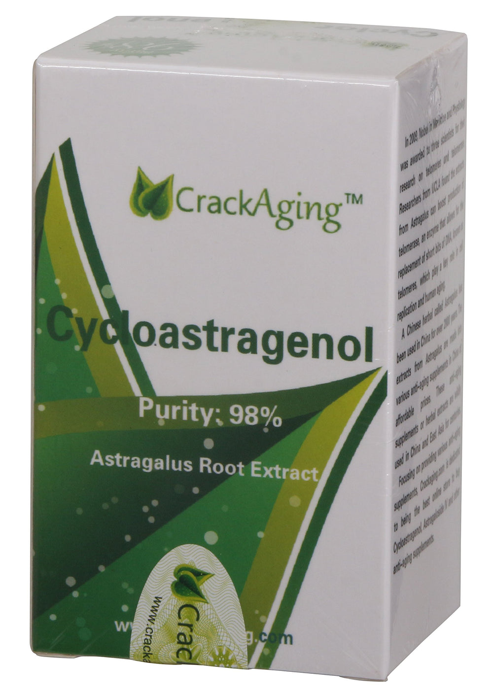 Crackaging Cycloastragenol bottle shows high-bioavailability formulation for absorption.