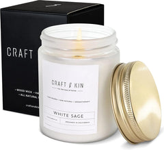 Craft & Kin White Sage Candle with woodwick delivering a calming, long-lasting aroma.
