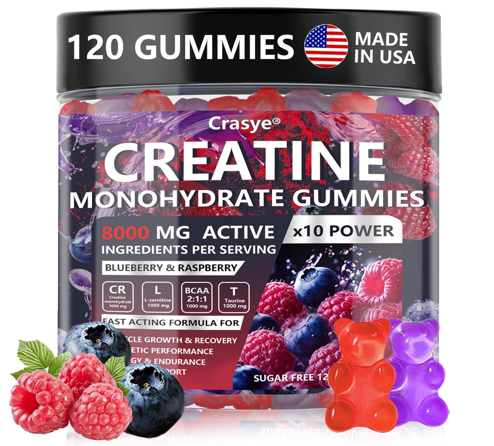 Crasye Creatine Monohydrate Gummies raspberry flavor bottle front showing on-the-go energy support
