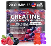 Crasye Creatine Monohydrate Gummies raspberry flavor bottle front showing on-the-go energy support