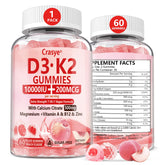 Crasye D3 K2 peach gummies in bottle for daily bone support.