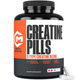 Crazy Muscle Creatine Pills bottle showcasing the ThreeAtine formula for stronger workouts.