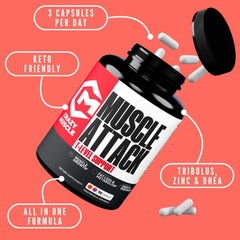 Crazy Muscle Muscle Attack capsules close-up emphasizing capsules designed for strength and performance support.