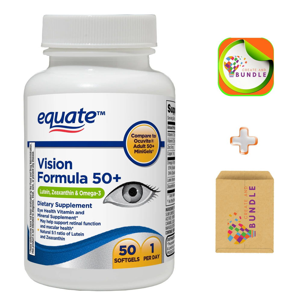 Create and Bundle Equate Vision Formula 50+ soft gels bottle for daily eye support.