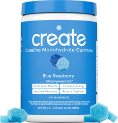 Create Creatine Monohydrate Gummies blue raspberry packaging front for on-the-go energy