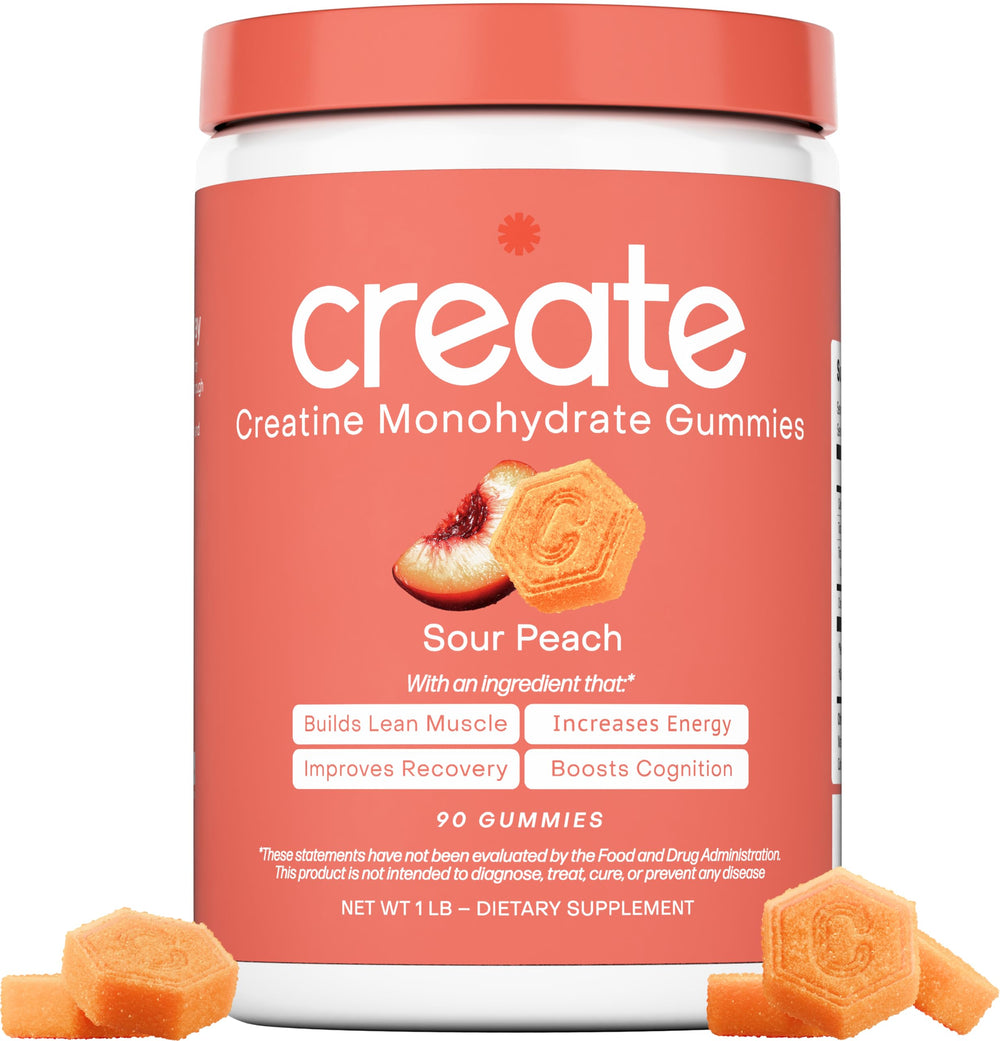 Create Creatine Monohydrate Gummies bottle on gym mat, promoting on-the-go endurance.