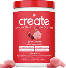 Create Creatine Monohydrate Gummies bottle with sour cherry flavor for on-the-go strength support