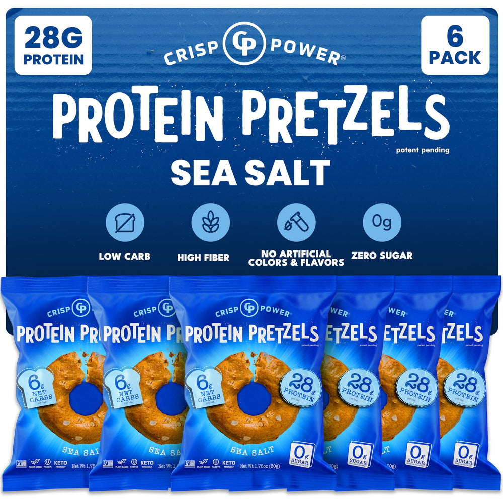 CRISP POWER high protein pretzels bag front showing sea salt flavor
