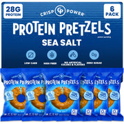 CRISP POWER high protein pretzels bag front showing sea salt flavor