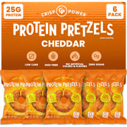 CRISP POWER Protein Pretzels cheddar bag front shows a high protein snack