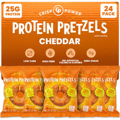 Crisp Power Protein Pretzels cheddar pack showing a savory, high-protein snack option.