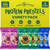 CRISP POWER protein pretzels sea salt bag shows crunchy texture and protein boost.