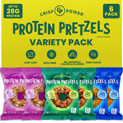 CRISP POWER protein pretzels sea salt bag shows crunchy texture and protein boost.