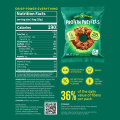 CRISP POWER protein pretzels sesame bag highlights toasted flavor and low net carbs.