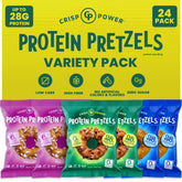 CRISP POWER protein pretzels sea salt bag showing high-protein on-the-go snack