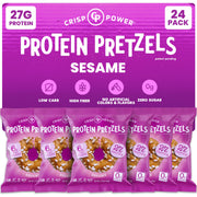 CRISP POWER Sesame Protein Pretzels packaging on shelf, a high-protein snack for busy days.