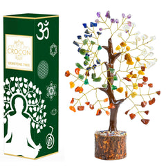Crocon 7 Chakra Crystal Tree on wooden base boosts calm in living spaces.